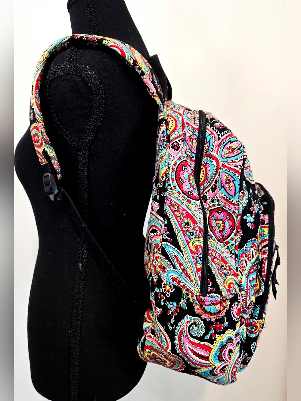 Vera Bradley Paisley Backpack Black Pink Blue Travel School Bag Quilted Cotton - Picture 11 of 14
